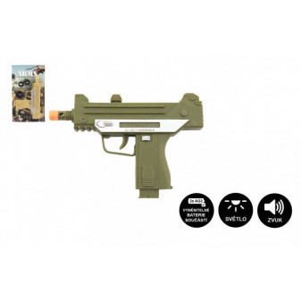 Plastikowy pistolet maszynowy ARMY 17,5 cm na baterię z dźwiękiem i jasnozielonym światłem na karcie