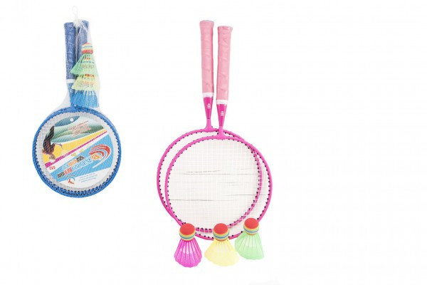 Badminton sada detská kov/plast 2 pálky + 3 košíčky 2 farby v sieťke 23x45x6cm