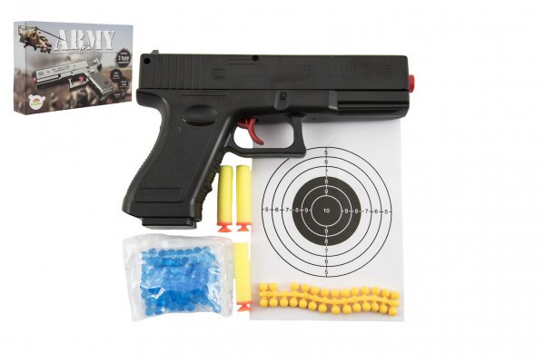 Pištoľ na guličky 20cm plast + vodné guličky 6mm, penové náboje 3ks, gumové guľ. v krabičke 23x15