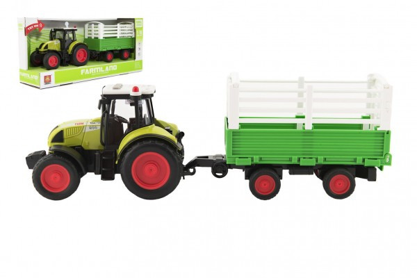 Traktor s vlekom plast 39cm na zotrvačník na batérie so zvukom so svetlom v krabici 42x19x12cm