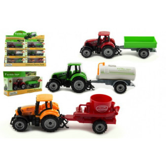 Traktor s přívěsem plast/kov 19cm 3 druhy na volný chod v krabičce 25x13x5,5cm 12ks v boxu