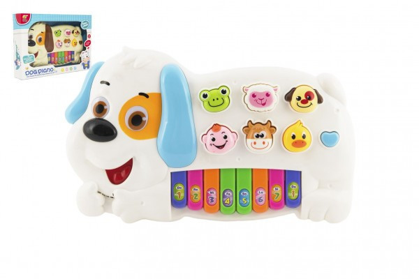 Pianko psík so zvieratkami plast 28cm na batérie so zvukom so svetlom 2 farby v krabici 32x22x6cm