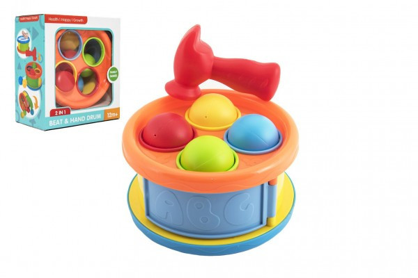 Zatloukačka/Bubínek 17cm 2v1 plast s kladívkem s míčky 4ks 2 barvy v krabici 18x20x10cm 12m+