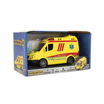 Auto ambulance plast 20cm na setrvačník na baterie se zvukem se světlem v krabici 26x15x12cm