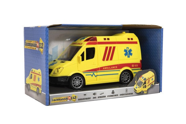 Auto ambulance plast 20cm na setrvačník na baterie se zvukem se světlem v krabici 26x15x12cm