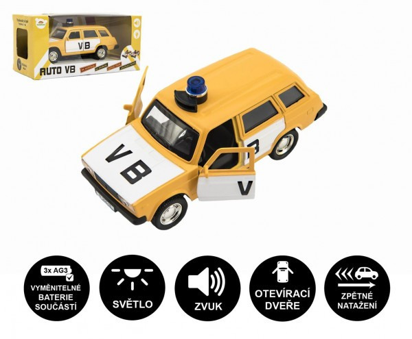 Policajné auto VB combi kov/plast 11,5 cm na spätné natiahnutie na batérie so zvukom v krabičke 15x7