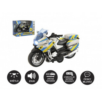 Motorka policejní 12cm kov/plast česky mluvící na zpětné nat. na bat. se světlem/zvukem v krab.1