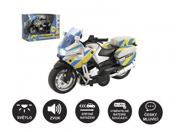 Motorka policejní 12cm kov/plast česky mluvící na zpětné nat. na bat. se světlem/zvukem v krab.1