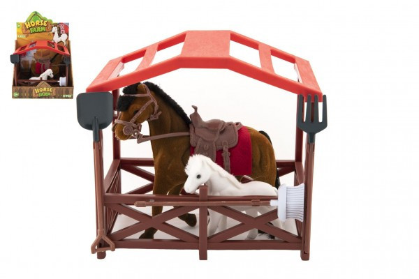 Kôň so sedlom s žriebäťom fliška plast s ohradou s doplnkami v krabici 23x20x15cm