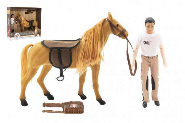 Kôň fliška česacia + panáčik kĺbový 30cm plast s doplnkami v krabici 45x39x12cm