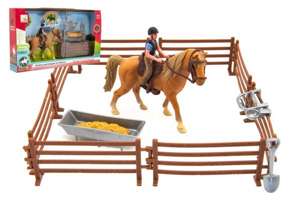 Kôň + panáčik džokej plast s ohradou s doplnkami v krabici 33x19x5, 5cm