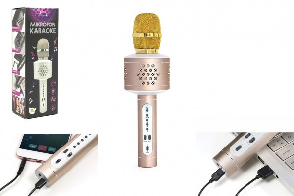 Złoty mikrofon karaoke Bluetooth na baterie z kablem USB w pudełku 10x28x8,5cm