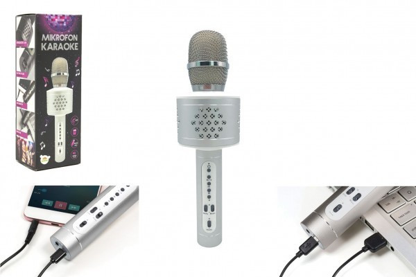 Mikrofón karaoke Bluetooth strieborný na batérie s USB káblom v krabici 10x28x8, 5cm