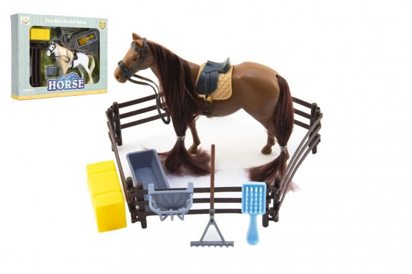 Kôň česací s doplnkami a ohradou plast 2 farby v krabici 28x22x5, 5cm
