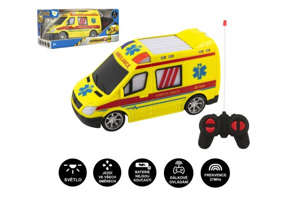 Auto RC ambulance plast 20cm na dálkové ovládání 27MHz na baterie se světlem v krabici 28x13x11c