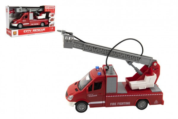 Auto hasiči plast 27cm na zotrvačník na batérie so zvukom so svetlom v krabici 32x19x12cm