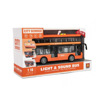 Autobus piętrowy plastikowy 28cm na kole zamachowym na baterie ze światłem i dźwiękiem w pudełku 32x19x12cm