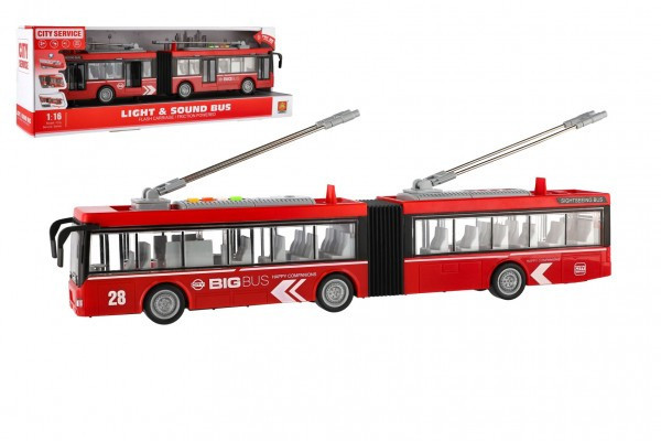 Trolejbus/Autobus plast 45cm na zotrvačník na bat. so svetlom so zvukom v krabici 48x18x11cm