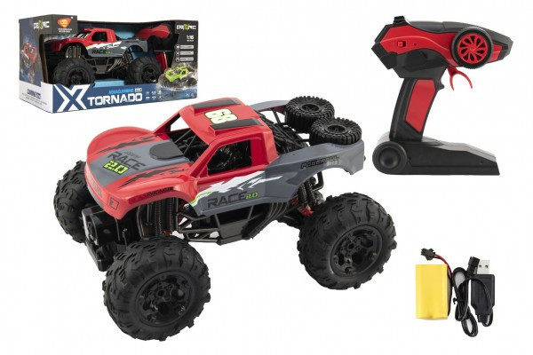 Auto RC terénne 4x4 červené plast 29cm 2,4GHz na batérie + dobíjací pack v krabici 40x20x22cm