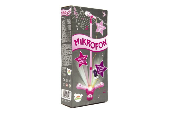 Mikrofon karaoke růžový plast na baterie se světlem se zvukem v krabici 17x34x7cm
