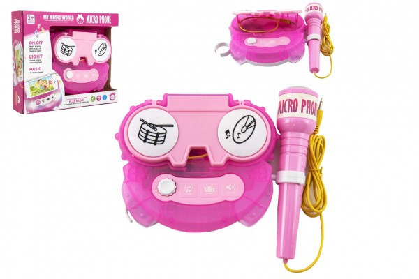 Mikrofón karaoke ružový plast na batérie so svetlom v krabici 24x21x5, 5cm