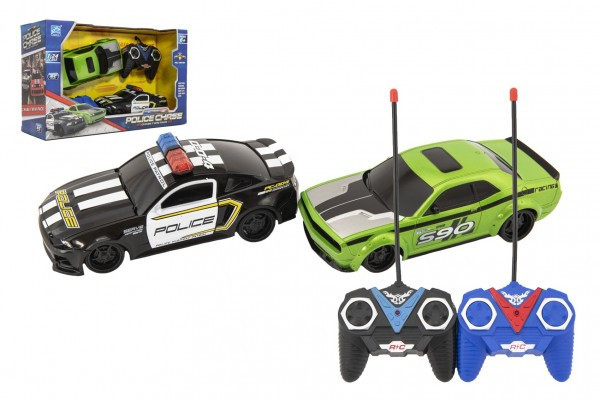 Auto RC 2ks policajná naháňačka plast zelené 18cm na diaľk. ovl. na bat. v krabici 36x22x12