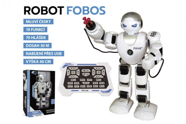 Robot RC FOBOS plast interaktívny chodiaci 40cm česky hovoriaci na batérie s USB v krabici 31x45x13