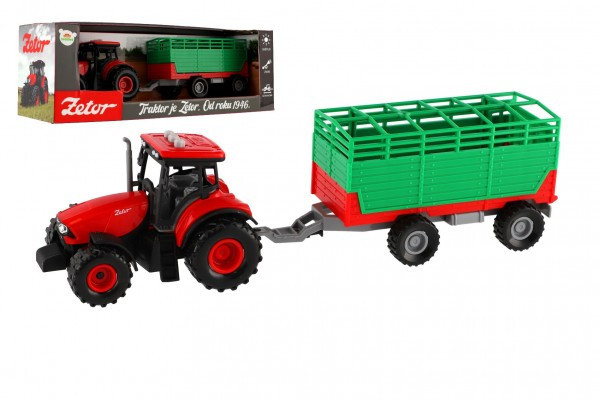 Traktor Zetor s vlekem plast 36cm na setrvačník na bat. se světlem se zvukem v krabici 39x13x13c