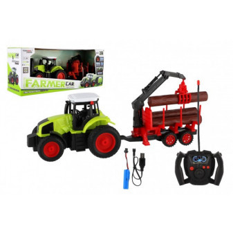 Traktor RC s vlekem na dřevo plast 38cm 27MHz + dobíjecí pack na baterie v krabici 45x18x13cm