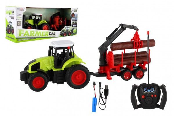 Traktor RC s vlekom na drevo plast 38cm 27MHz + dobíjací pack na batérie v krabici 45x18x13cm