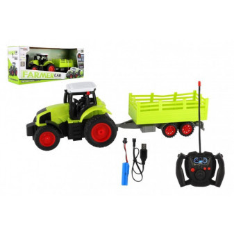 Traktor RC s vlekom plast 38cm 27MHz + dobíjací pack na batérie v krabici 45x19x13cm