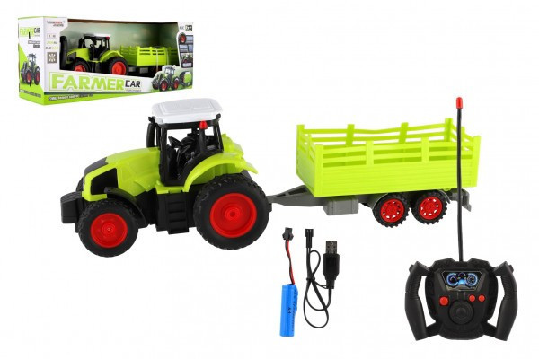 Traktor RC s vlekom plast 38cm 27MHz + dobíjací pack na batérie v krabici 45x19x13cm