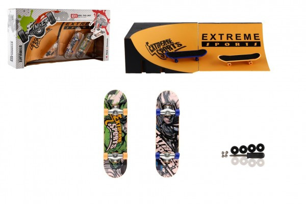 Skateboard prstový skrutkovací 2ks plast 10cm s rampou s doplnkami 2 farby v krabičke 35x9x18cm