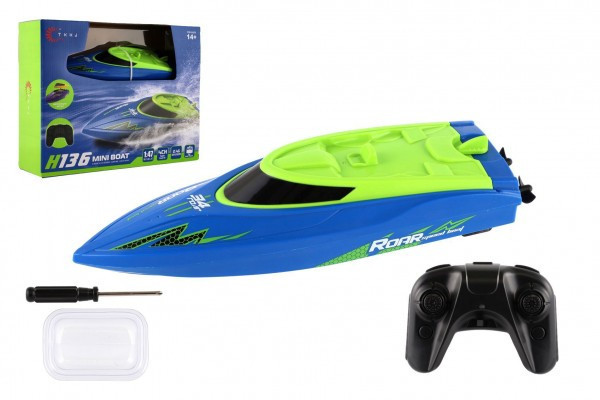 Motorový čln/loď do vody RC plast 22cm modrý na batérie 2,4Ghz v krabici 30x23x9cm