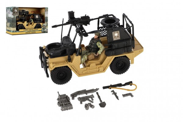 Wojskowy samochód terenowy z żołnierzem, plastikowy, z akcesoriami wolnobieżnymi w pudełku 27x18x11,5cm