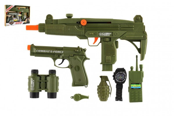 Pistolet maszynowy z kołem zamachowym + składany plastikowy pistolet z akcesoriami w pudełku 40x16x4cm