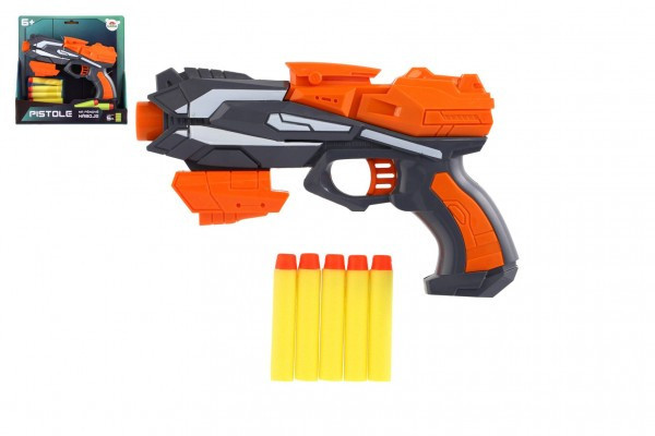 Pištoľ oranžová na penové náboje 20x14cm plast + 5ks nábojov oranžová na karte