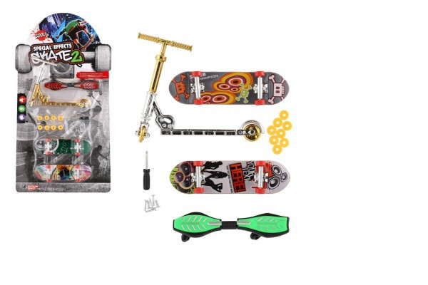 Sada skateboard šroubovací, koloběžka prstová, waveboard plast s doplňky mix druhů na kartě 16x3
