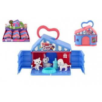 Domeček se zvířátky plast s doplňky 2 barvy 11x10x6cm 9ks v boxu