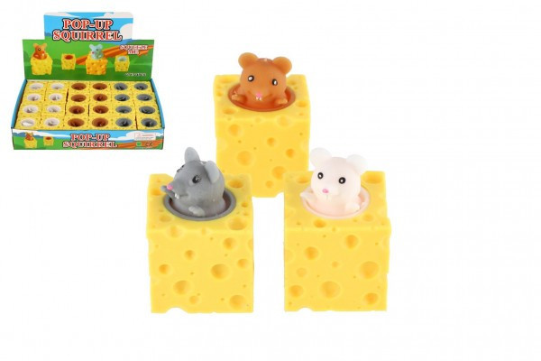 Myška v sýru mačkací antistresová plast 3 barvy v sáčku 5x5cm 24ks v boxu