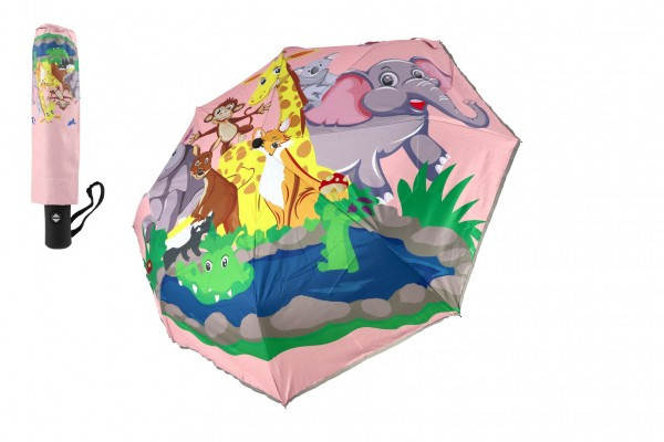Dáždnik Zvieratká skladacia vystreľovacia látka/kov 28cm ružový v sáčku