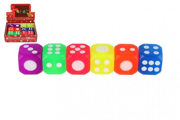 Kocka hracia svietiaci silikón 4x4cm 6 farieb 12ks v boxe