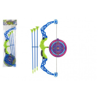 Łuk 57 cm + strzały z przyssawkami plastikowe 3 szt + tarcza w woreczku