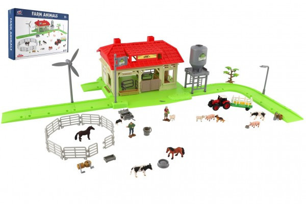 Domowy zestaw rolniczy ze zwierzętami i plastikowym traktorem z akcesoriami w pudełku 48x31x9cm