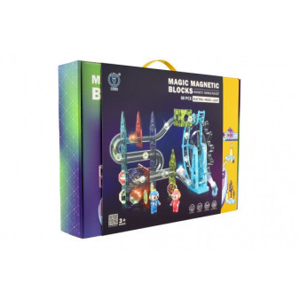 Kuličková dráha magnetická plast 80ks 16 kuliček + doplňky na baterie se světlem v krabici 47x35