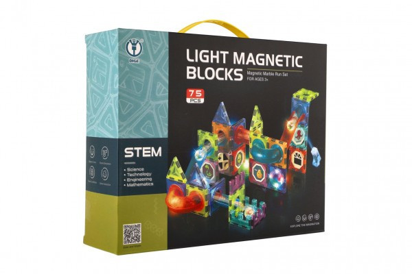 Kuličková dráha magnetická plast 75ks 8 kuliček + doplňky na baterie se světlem v krabici 31x25x