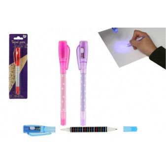Sekretny długopis z niewidzialnym tuszem i światłem UV + długopis plastikowy 15cm na baterie 4 kolory na karcie