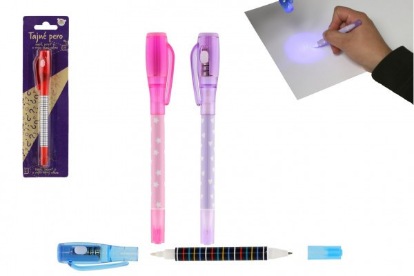 Tajné pero s neviditelným inkoustem a ÚV světlem + propiska plast 15cm na baterie 4 barvy na kar