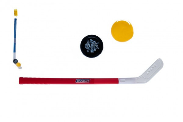 Plastikowy kij hokejowy 73 cm z krążkiem i piłką w 2 kolorach w siatce