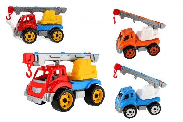 Auto stavebný žeriav plast 3 farby v sieťke 19x21x36 cm
